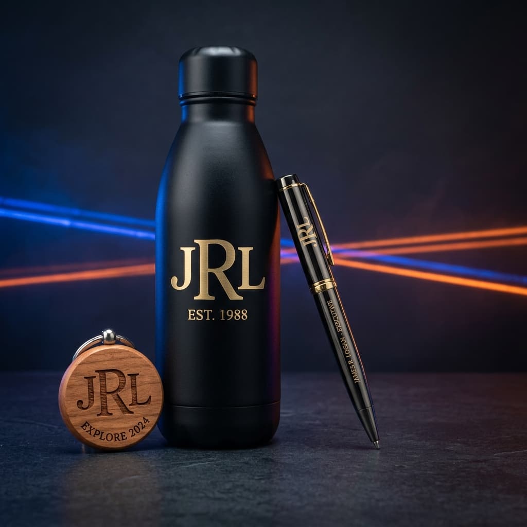 Personalized laser-engraved bottle, pen and wooden keepsake